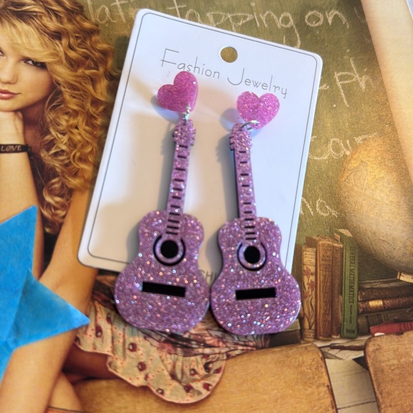 Pink Sparkly Guitar Earrings - Picture 2 of 3